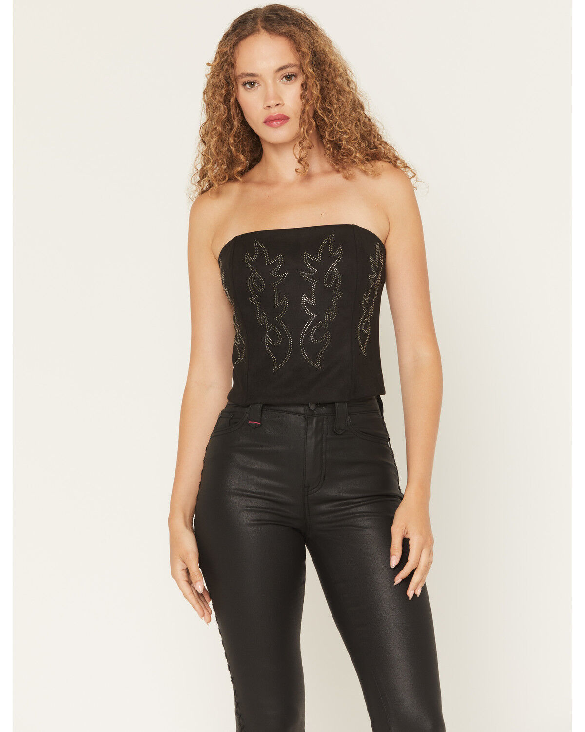 Image #1 - Originality Women's Faux Suede Boot Stitch Corset, Black, hi-res