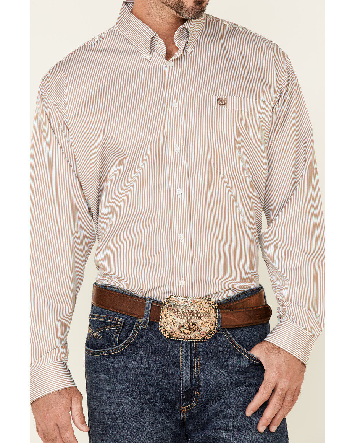 Image #3 - Cinch Men's Tencel Mini Stripe Long Sleeve Button-Down Western Shirt, Beige/khaki, hi-res