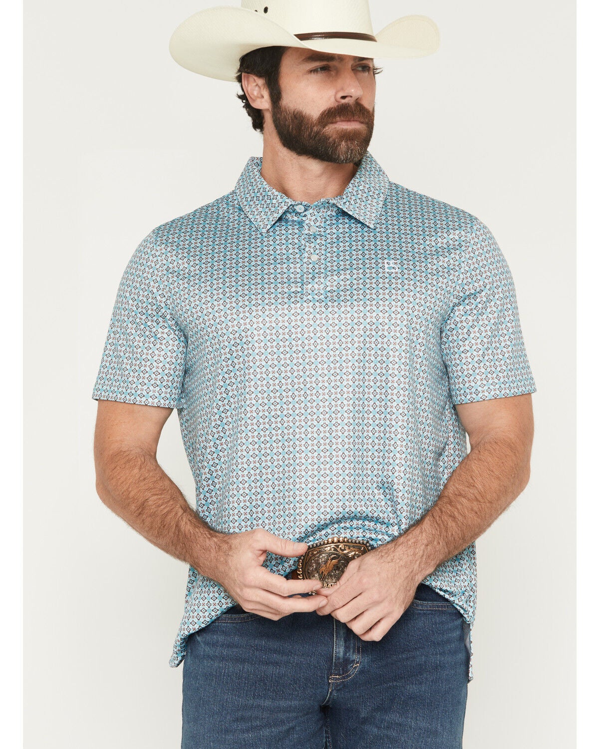 Panhandle Slim Men's Medallion Print Short Sleeve Snap Performance Polo Shirt, Turquoise, hi-res