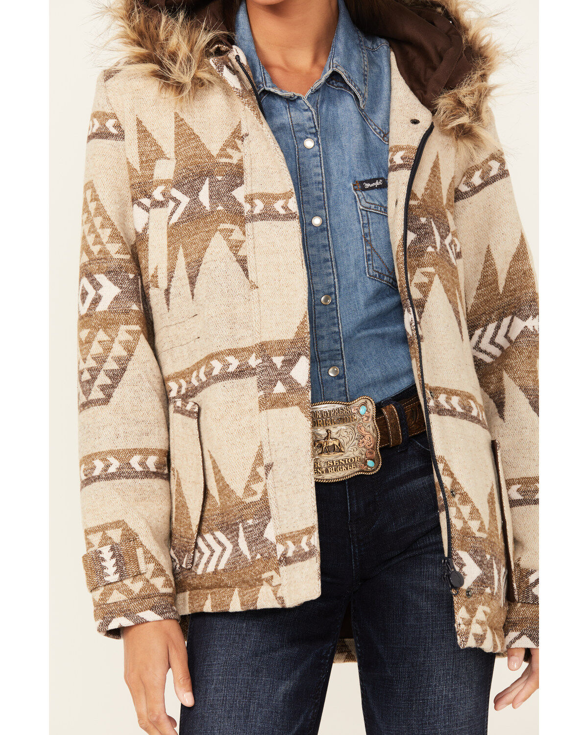 Image #3 - Outback Trading Co Women's Boot Barn Exclusive Southwestern Print Fur Trim Myra Jacket, Brown, hi-res