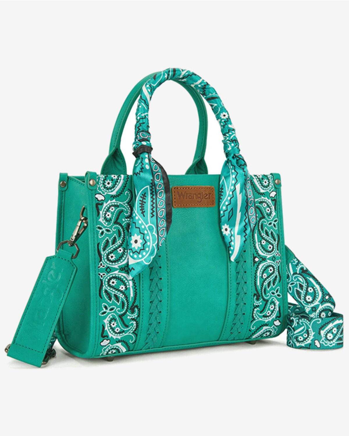 Image #1 - Wrangler Women's Braided Paisley Bandana Tote Bag, Turquoise, hi-res