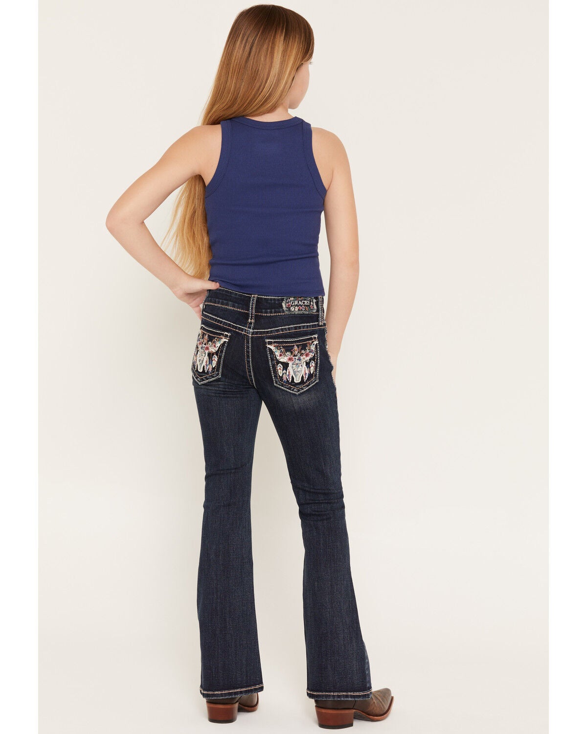 Image #1 - Grace in LA Girls' Dark Wash Steer Head Pocket Flare Stretch Denim Jeans, Dark Wash, hi-res
