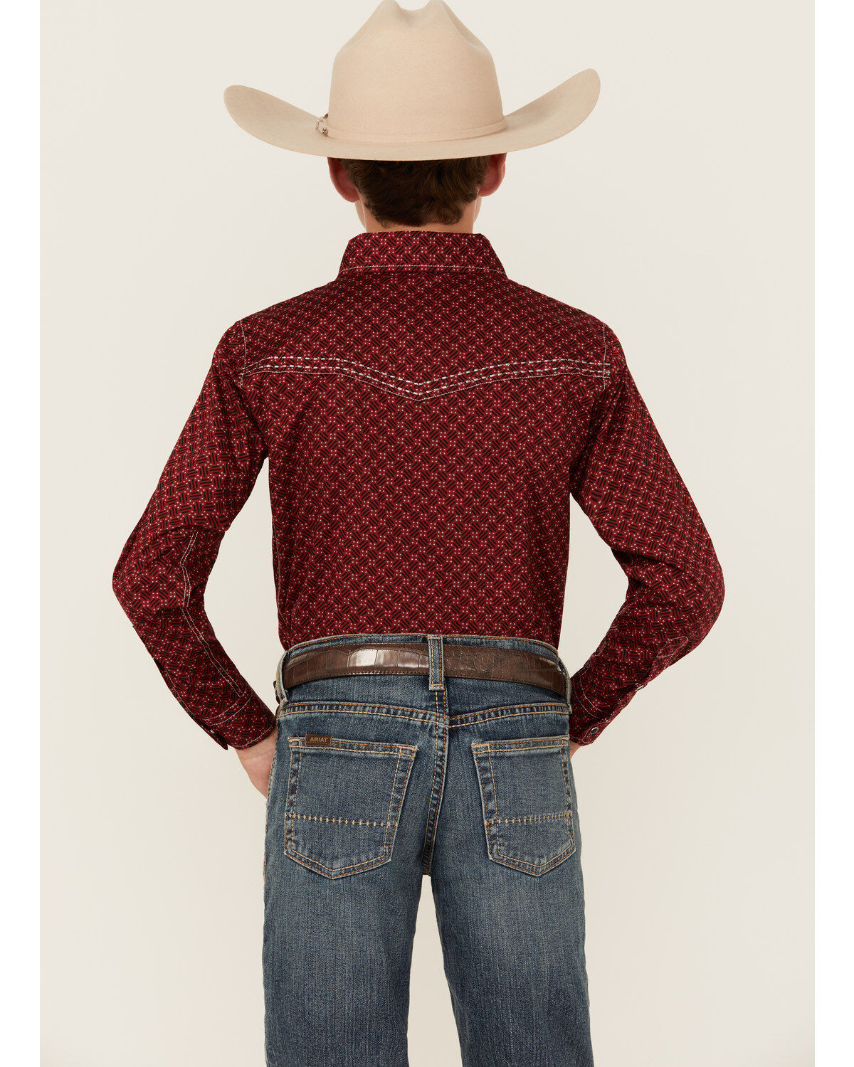 Image #4 - Cowboy Hardware Boys' Geo Print Long Sleeve Snap Stretch Western Shirt, Red, hi-res