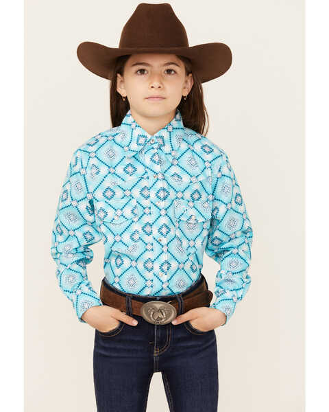 Cowgirl Hardware Girls' Diamond Print Long Sleeve Snap Western Shirt , Turquoise, hi-res