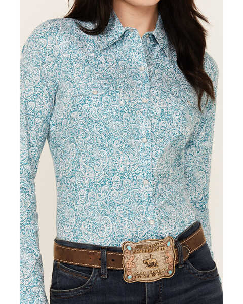 Image #3 - Roper Women's Paisley Print Long Sleeve Pearl Snap Western Shirt , Blue, hi-res