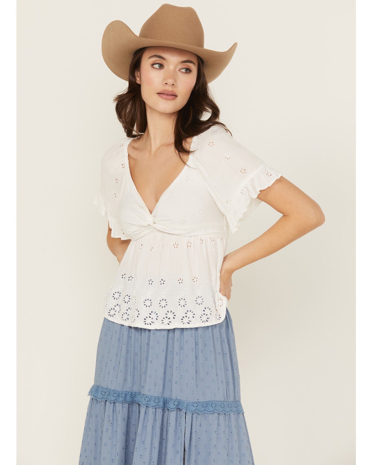 Angie Women's Eyelet Short Puff Sleeve Shirt, White, hi-res