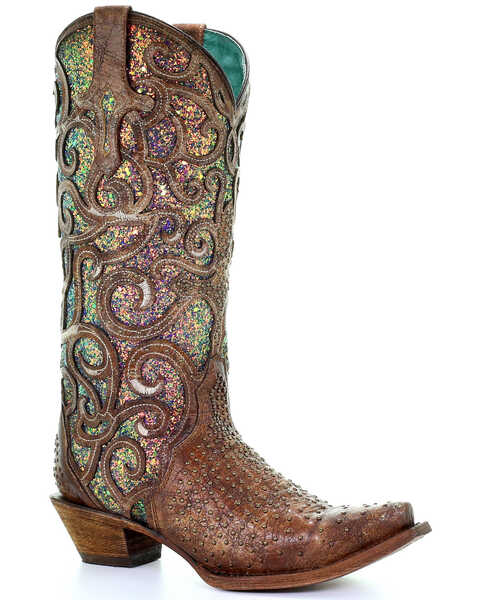 Image #1 - Corral Women's Cognac Glitter Inlay Western Boots - Snip Toe, Brown, hi-res