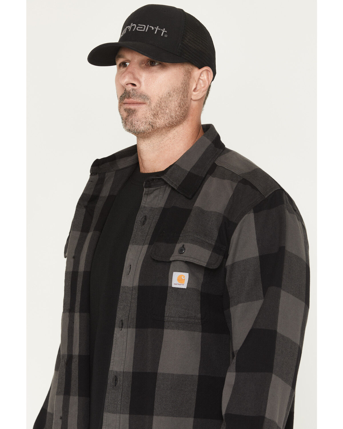 Image #2 - Carhartt Men's Heavyweight Plaid Print Long Sleeve Button-Down Flannel Shirt, Dark Grey, hi-res