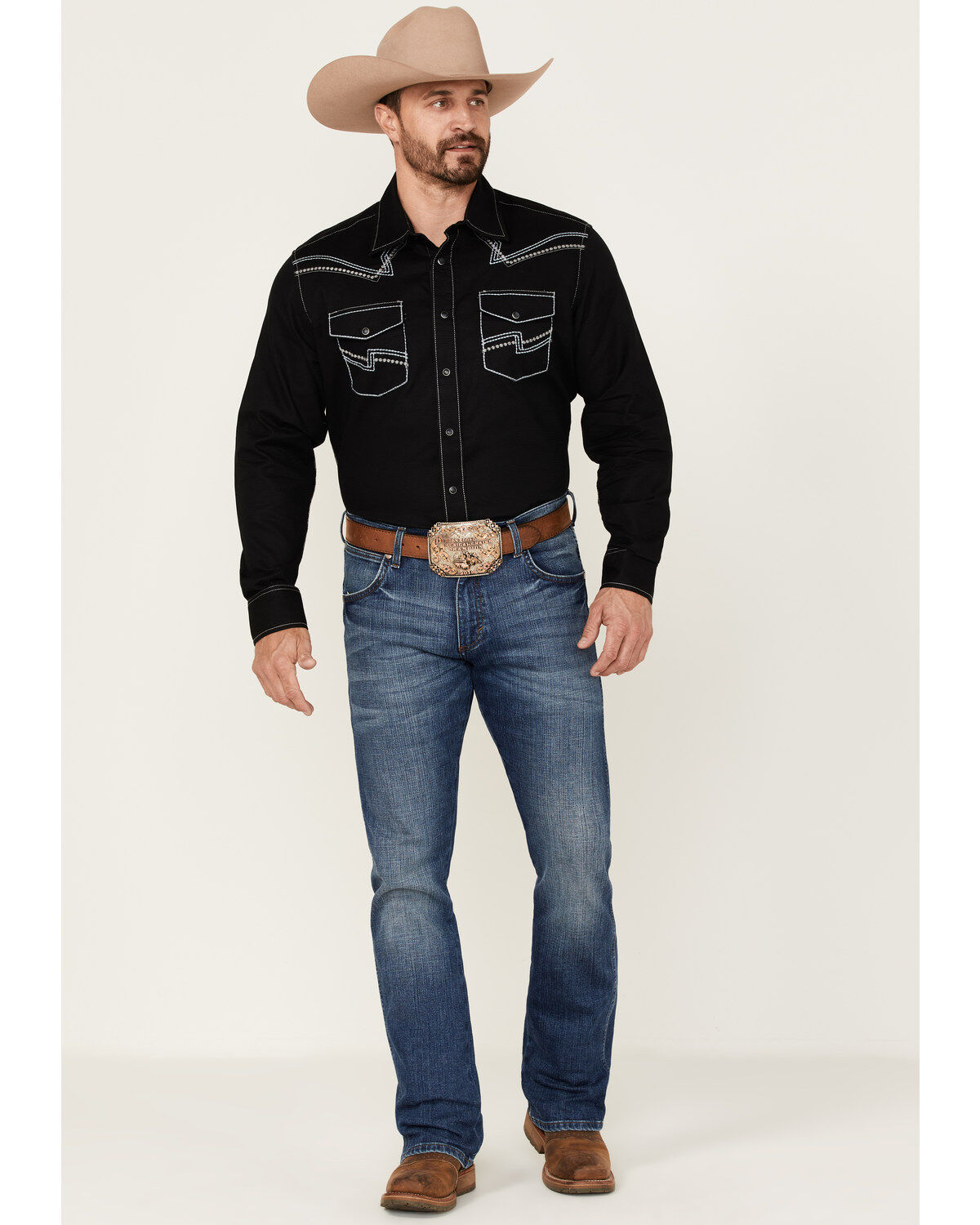 Image #2 - Rock 47 By Wrangler Men's Solid Embroidered Long Sleeve Snap Western Shirt, Black, hi-res