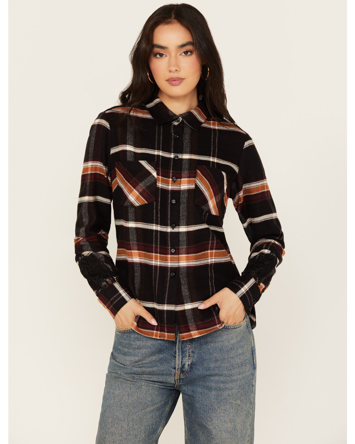 Image #1 - Shyanne Women's Lace Applique Plaid Print Button-Down Flannel Shirt, Black, hi-res