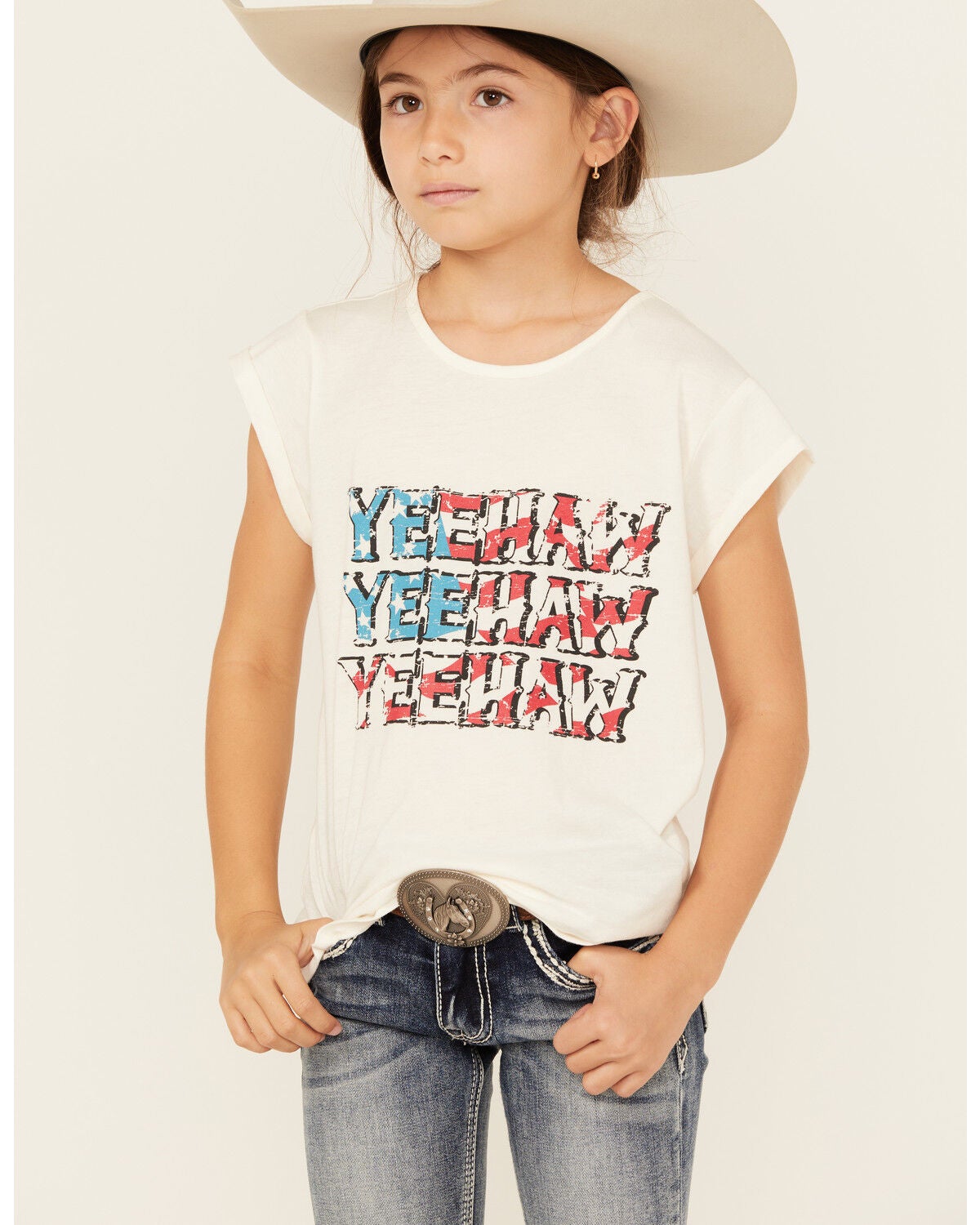 Panhandle Girls' Yeehaw Americana Short Sleeve Graphic Tee, Natural, hi-res