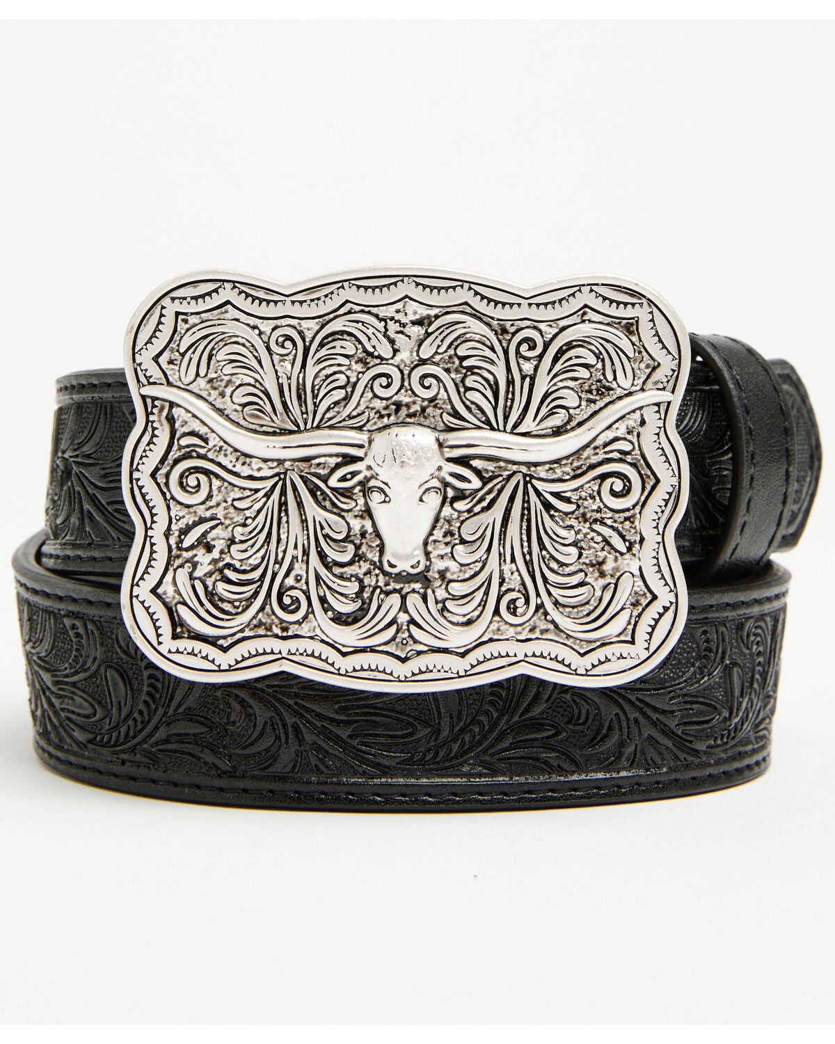 Cody James Boys' Huck Tooled Buckle Belt, Black, hi-res