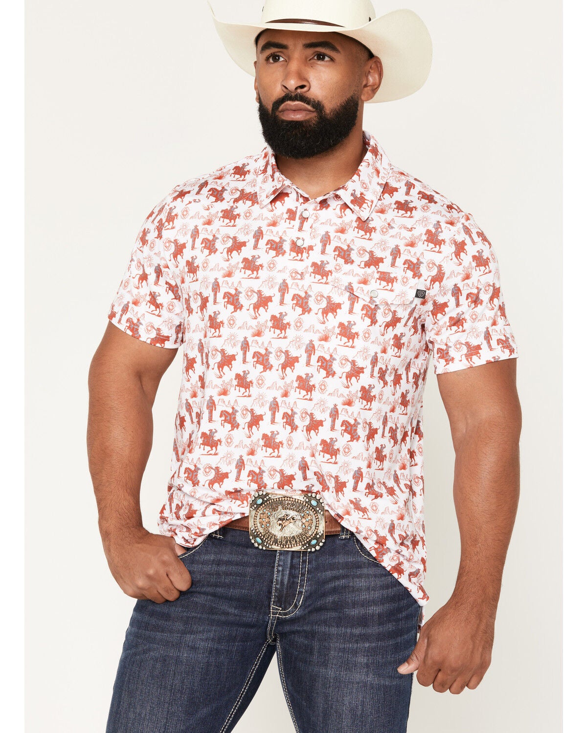 Image #1 - Rock & Roll Denim Men's Game Day Short Sleeve Snap Polo, White, hi-res