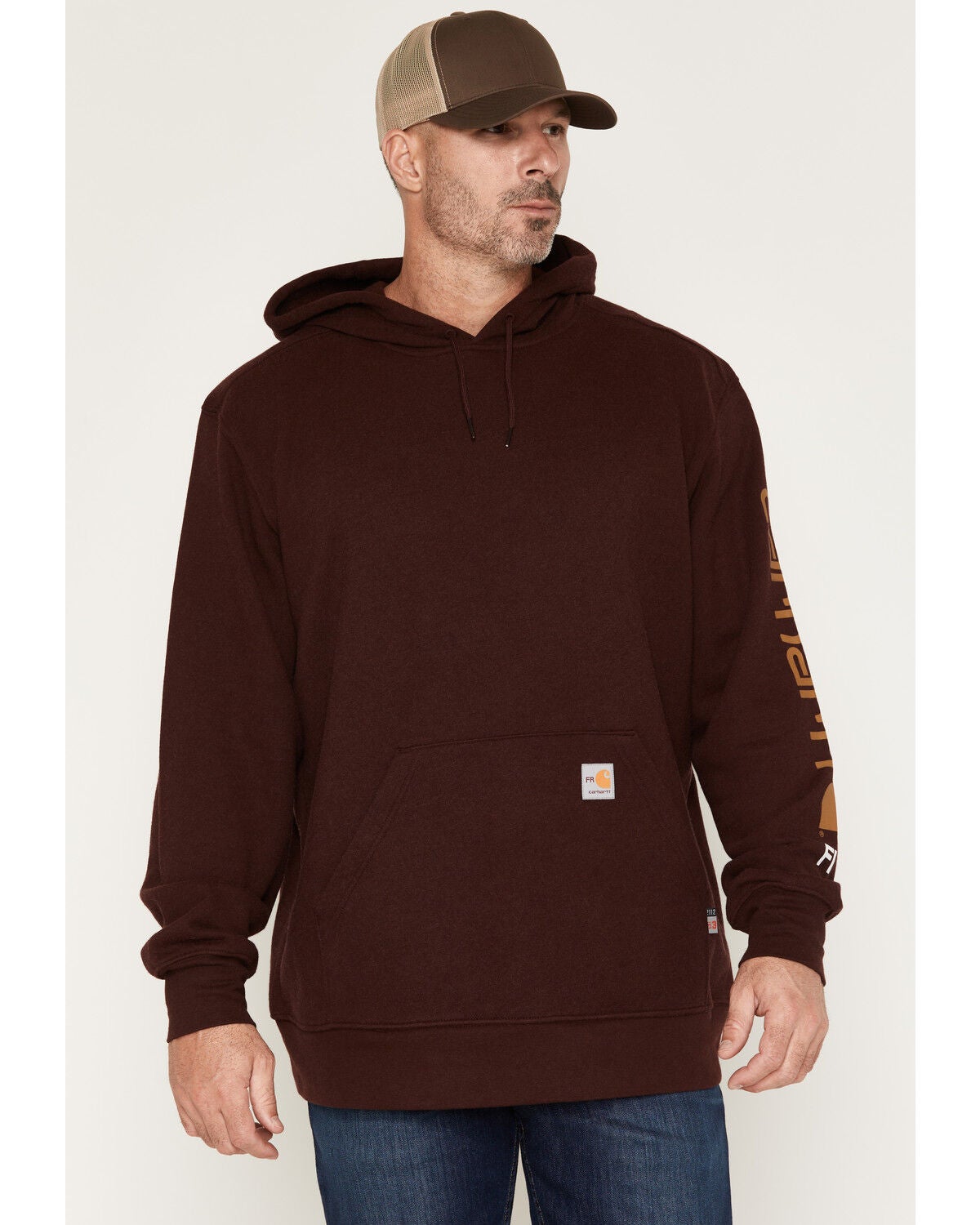 Image #1 - Carhartt Men's FR Force&reg; Midweight Logo Hooded Sweatshirt, Wine, hi-res