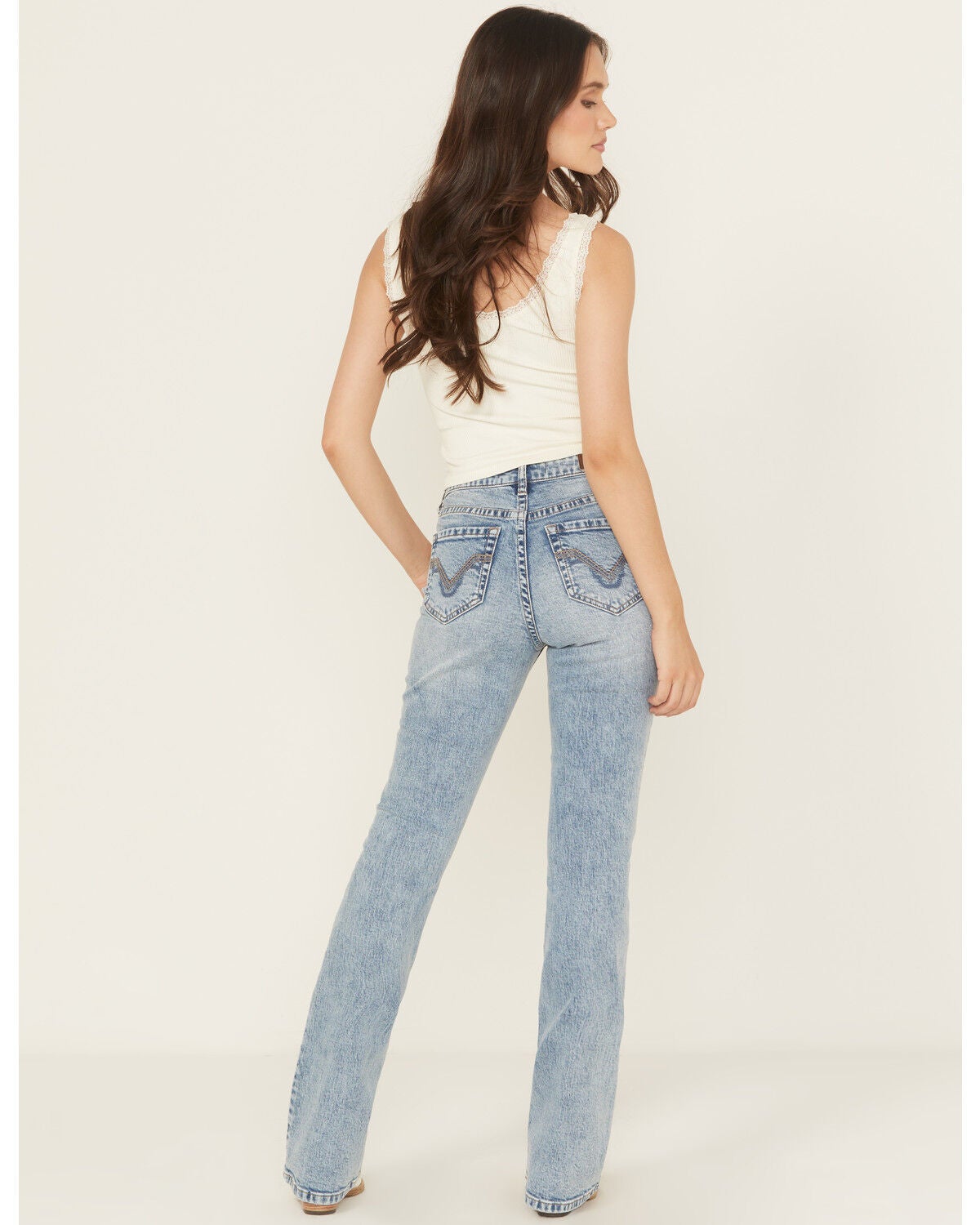 Image #1 - Rock & Roll Denim Women's Medium Wash Mid Rise Distressed Bootcut Stretch Denim Jeans, Medium Wash, hi-res
