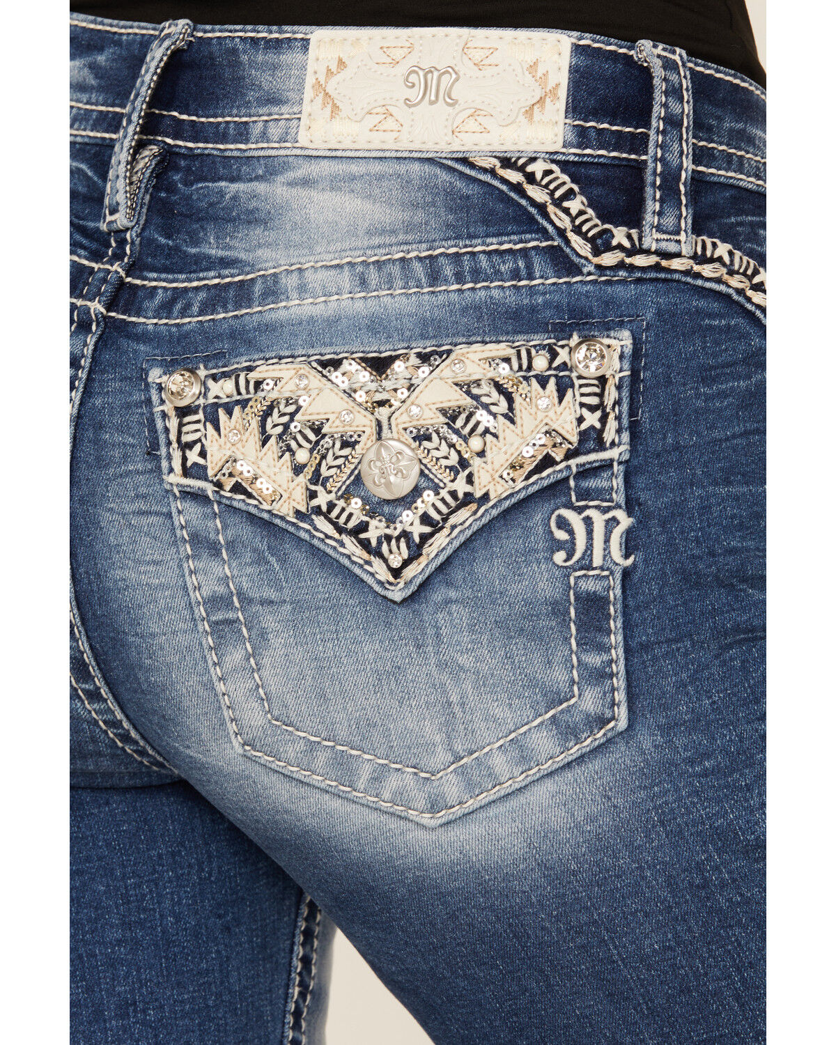 Product Name:  Miss Me Women's Medium Wash Mid Rise Southwestern Print Pocket Bootcut Stretch Denim Jeans