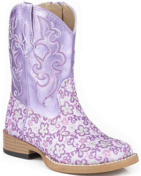 Roper Infant's Floral Glitter Square Toe Western Boots, Purple, hi-res