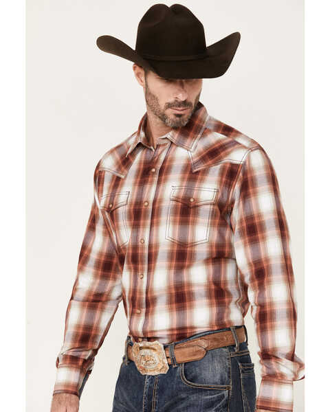 Wrangler Retro Men's Plaid Print Long Sleeve Snap Western Shirt, Wine, hi-res