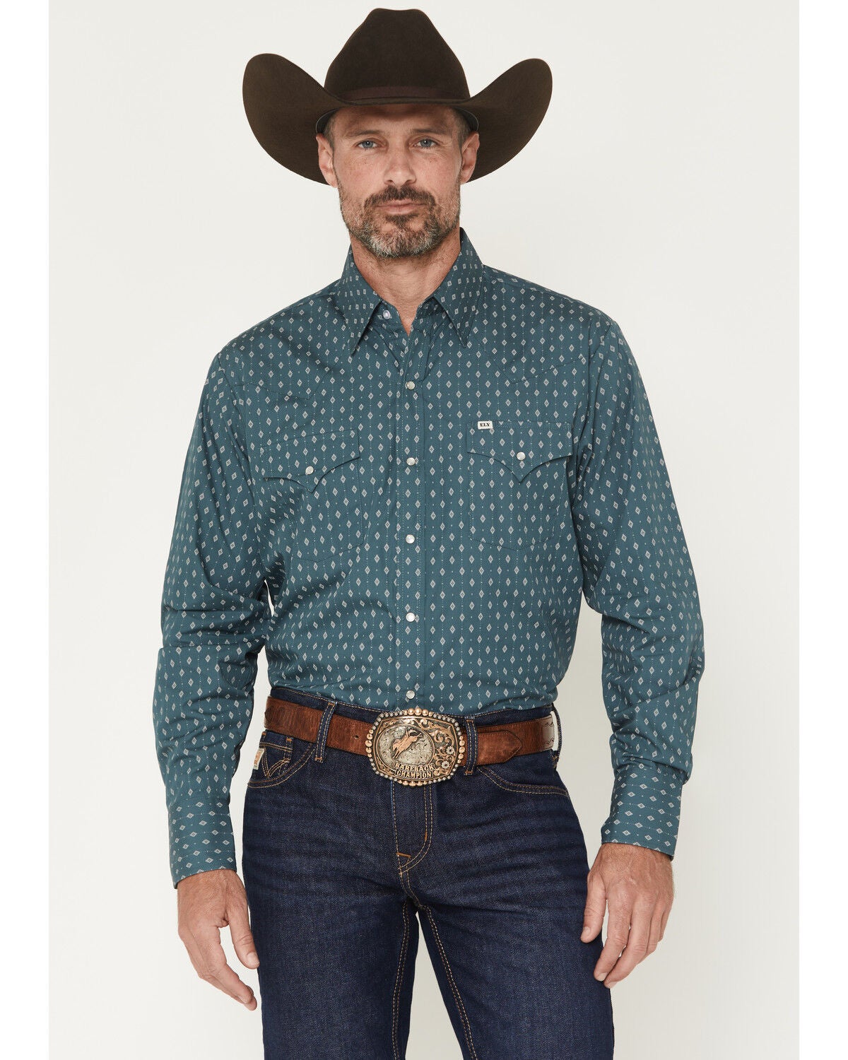 Image #1 - Ely Walker Men's Geo Print Long Sleeve Pearl Snap Western Shirt, Teal, hi-res