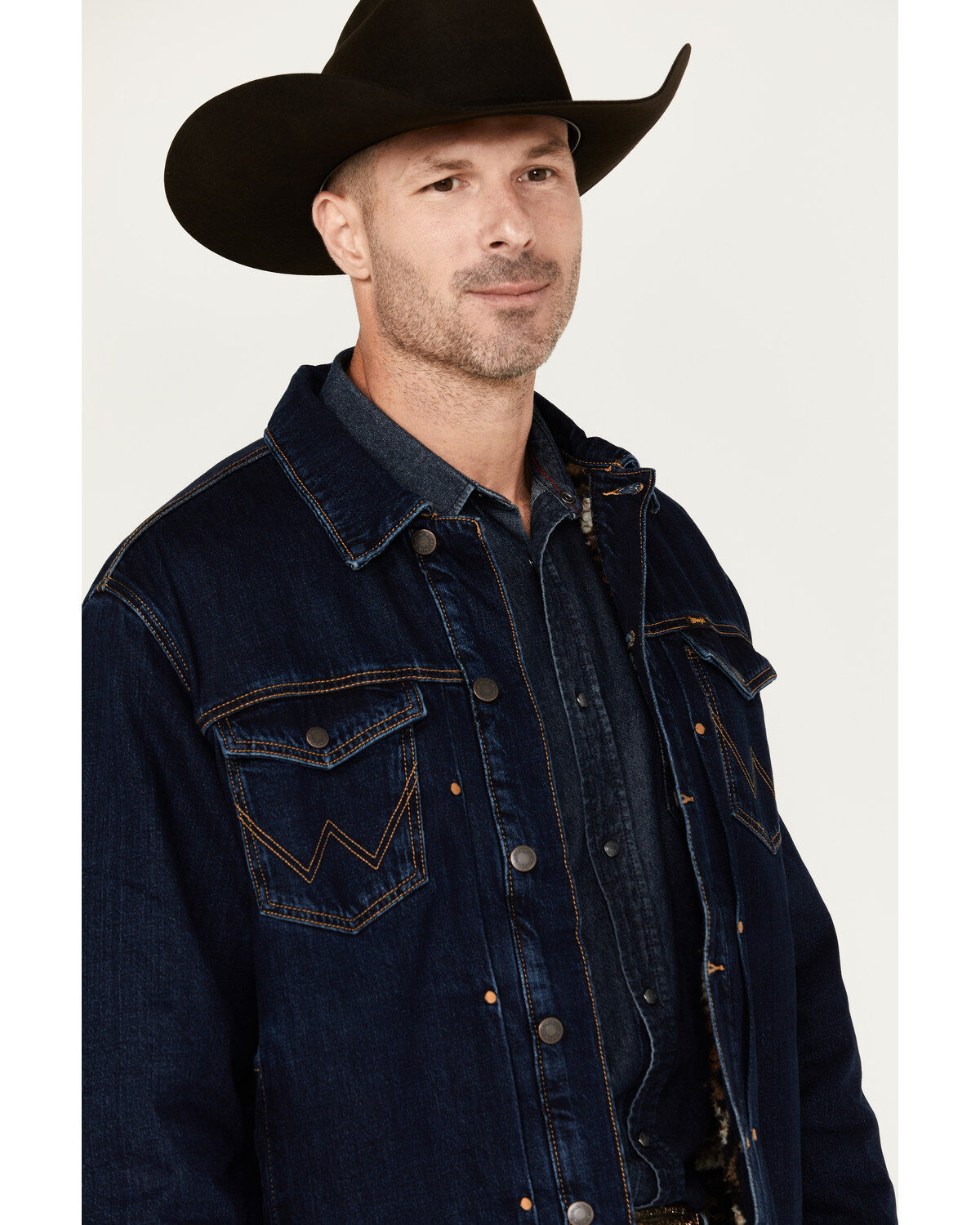 Image #2 - Wrangler Men's Vintage Sherpa Lined Trucker Jacket, Dark Blue, hi-res
