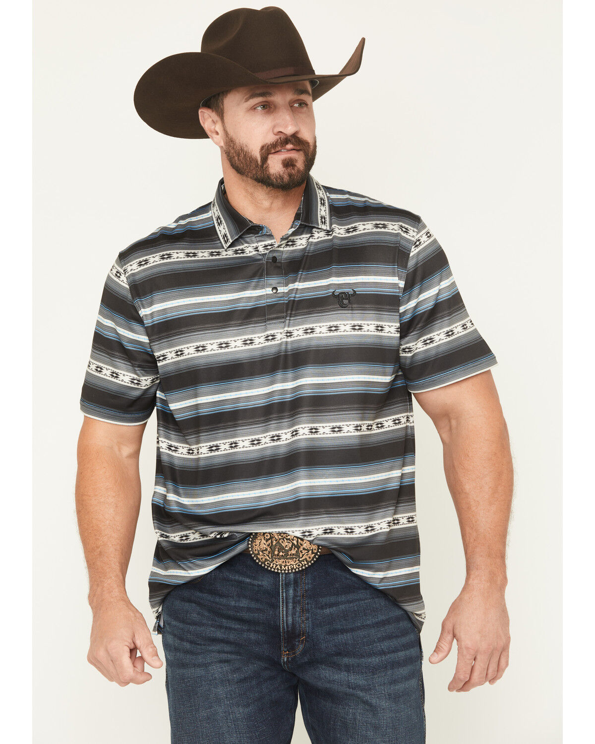Image #1 - Cowboy Hardware Men's Southwestern Striped Print Short Sleeve Snap Polo, Black, hi-res