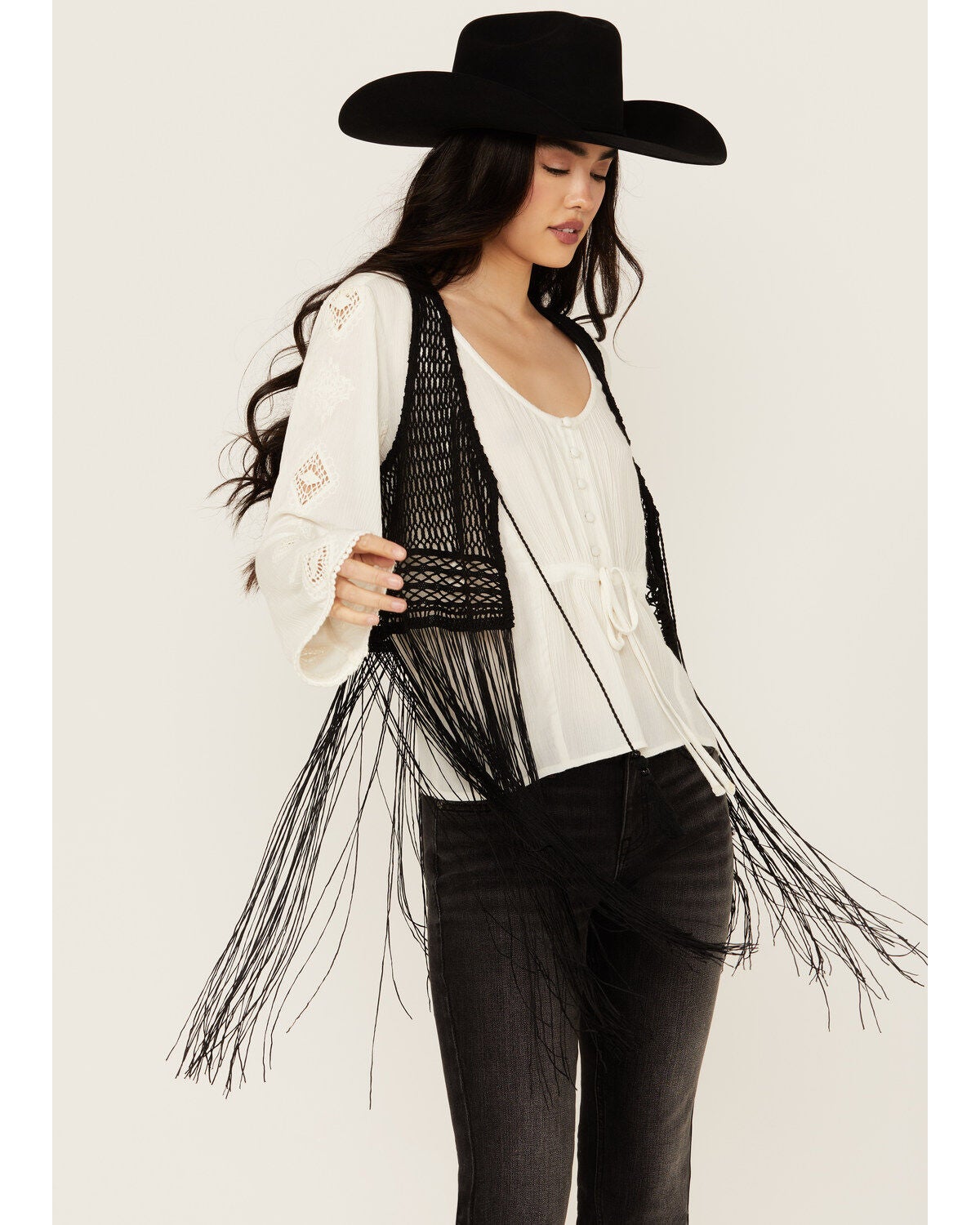 Idyllwind Women's Hawls Crochet Fringe Vest, Black, hi-res