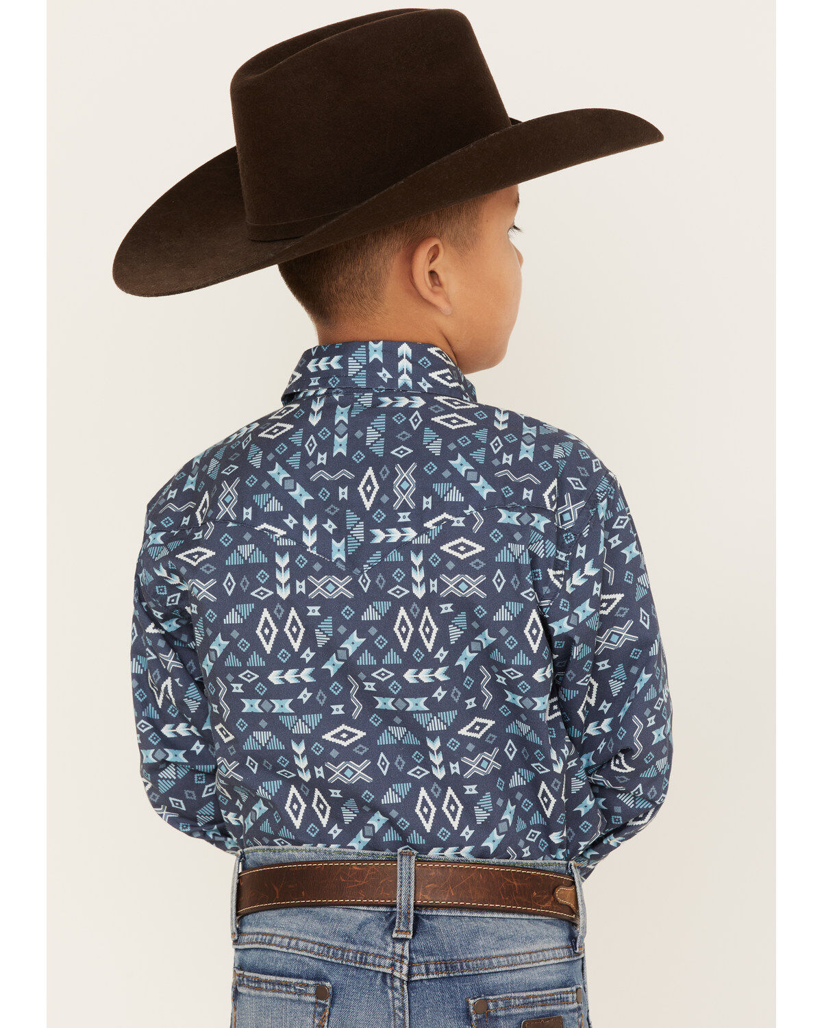 Image #4 - Roper Boys' West Made Southwestern Print Long Sleeve Western Pearl Snap Shirt, Blue, hi-res