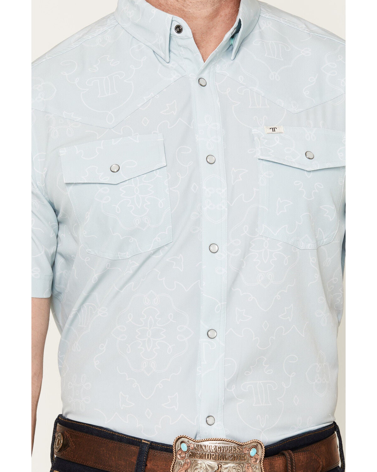 Image #3 - Ferrell Men's Carson Tek Bandana Print Short Sleeve Pearl Snap Stretch Western Shirt, Mint, hi-res
