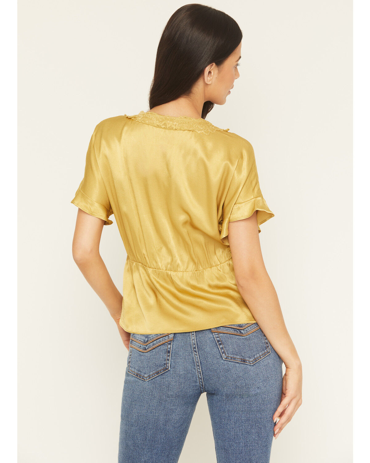 Image #4 - Shyanne Women's Satin Lace Trim Short Sleeve Button-Down Shirt, Olive, hi-res