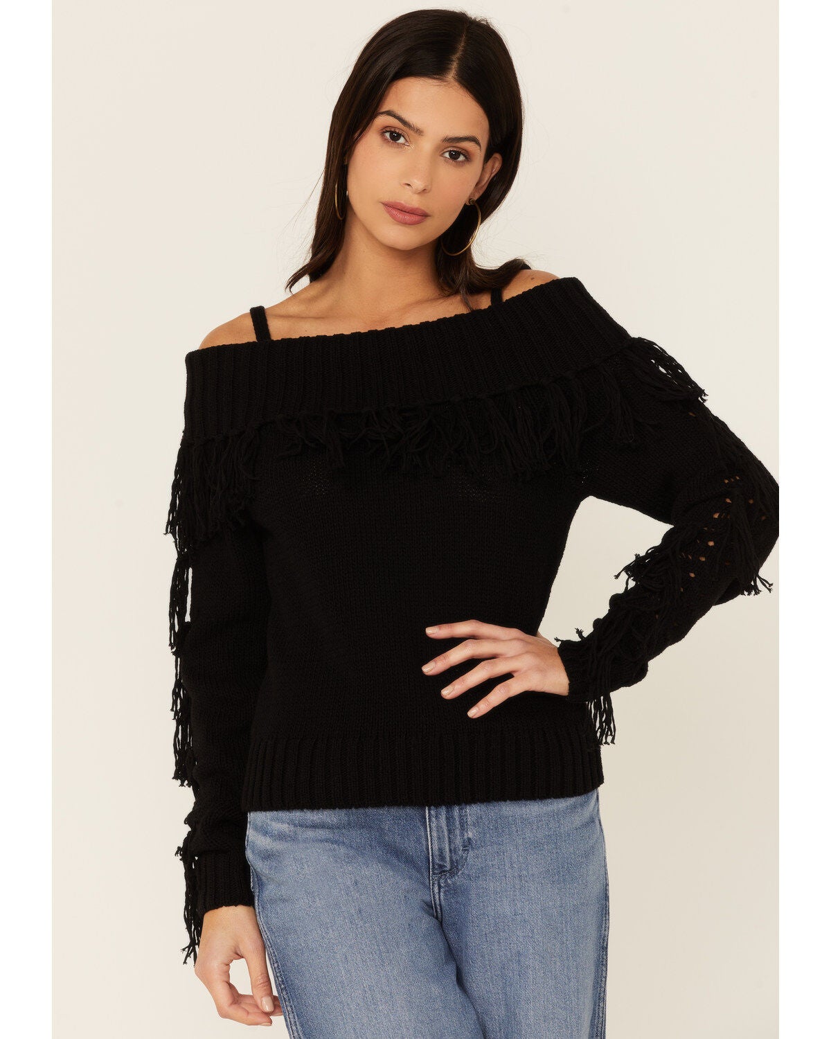 Women's Shyanne Black Off-Shoulder Fringe Long Sleeve Knit Sweater