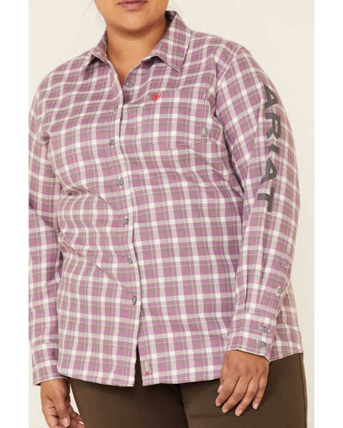 Ariat Women's FR Plaid Print Aja Logo Long Sleeve Button Down Work Shirt - Plus, Lavender, hi-res