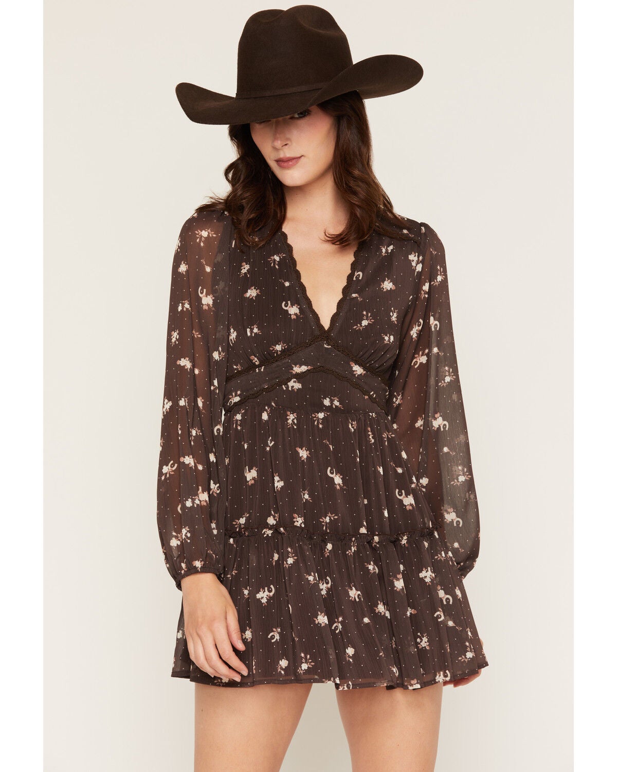 Trixxi Women's Floral Print Polka Dot Long Sleeve Mini Dress, Brown, hi-res