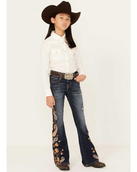Grace In LA Girls' Dark Wash Mid Rise Paisley Embroidered Flare Jeans, Dark Wash, hi-res