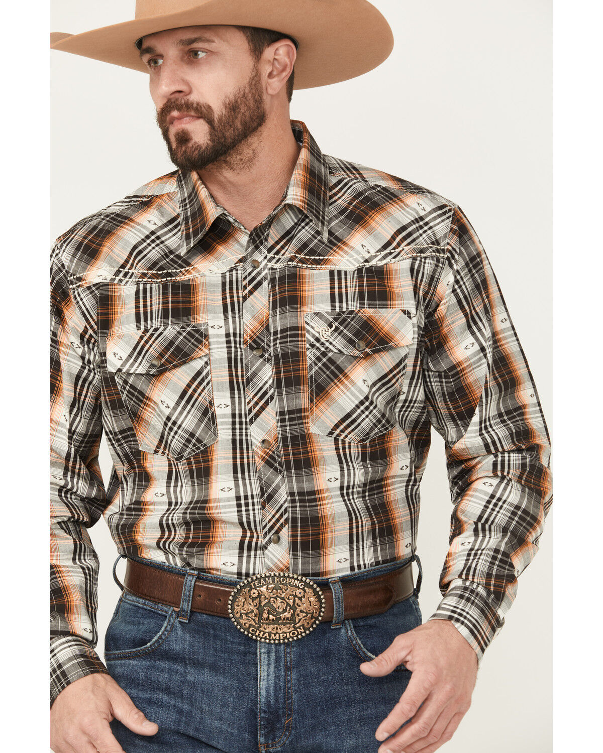 Image #2 - Cowboy Hardware Men's Plaid Print Long Sleeve Snap Stretch Western Shirt, Dark Brown, hi-res