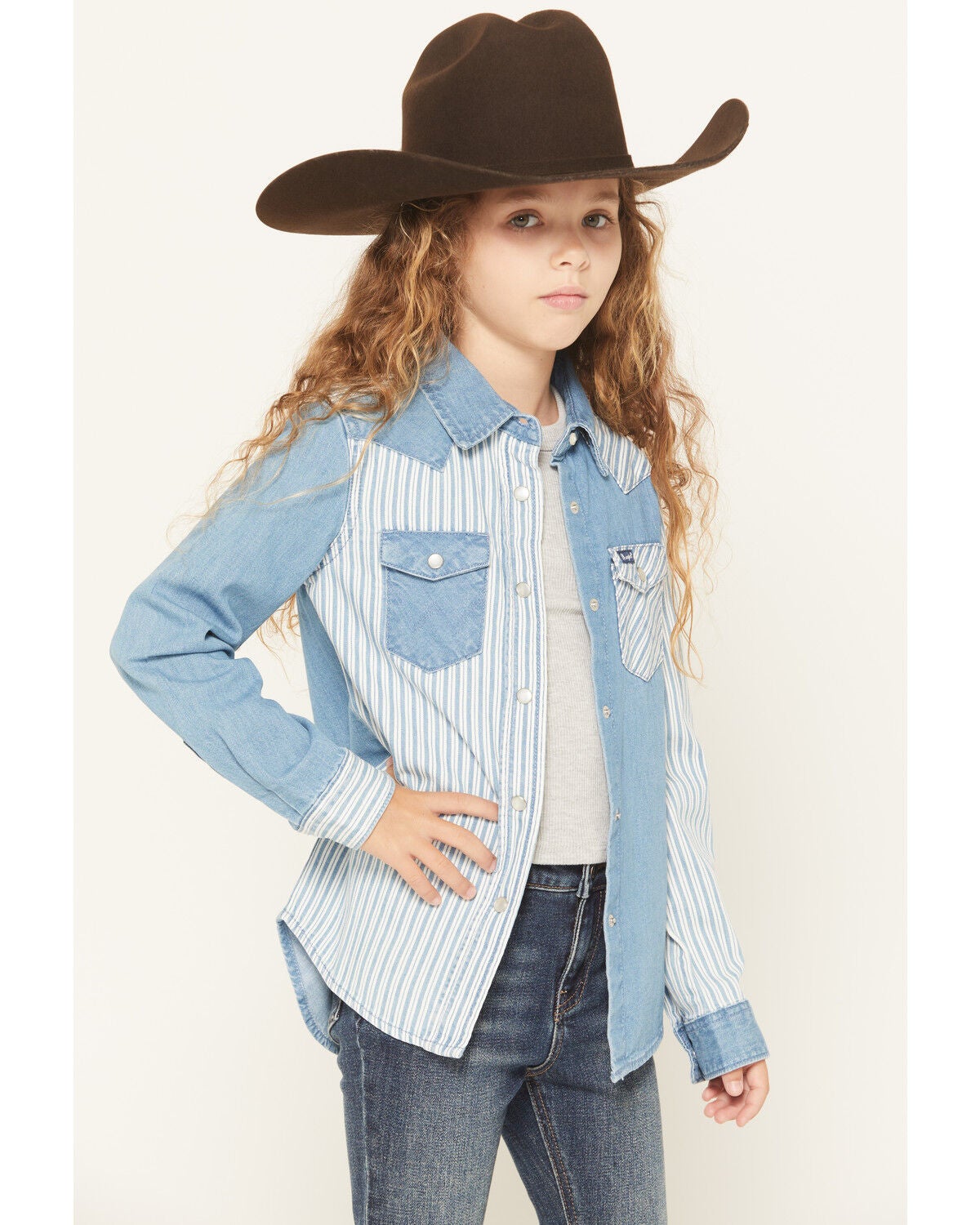 Image #2 - Wrangler Girls' Striped Denim Long Sleeve Snap Western Shirt, Blue, hi-res