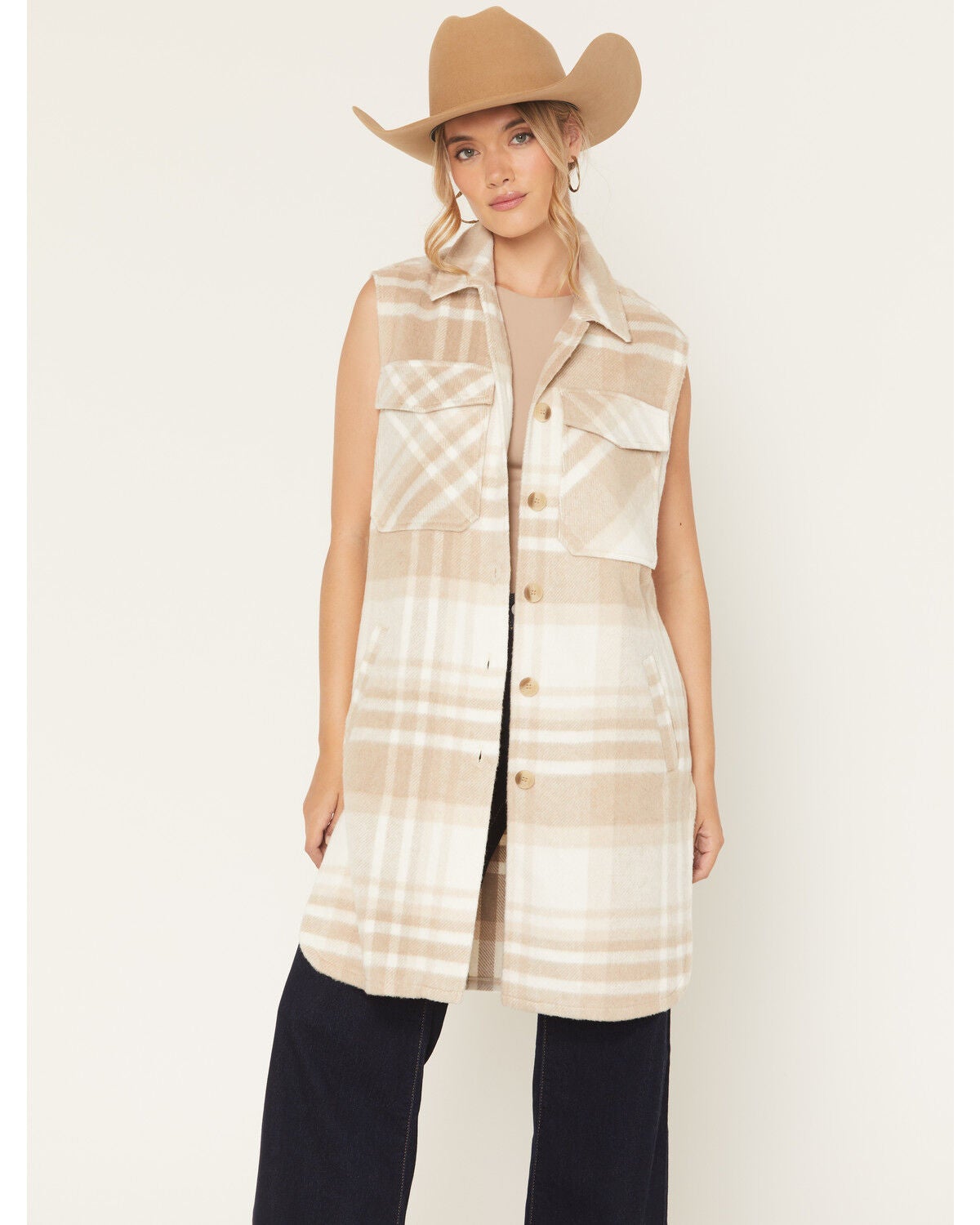 Ashley Women's Plaid Print Button-Down Long Vest, Beige, hi-res