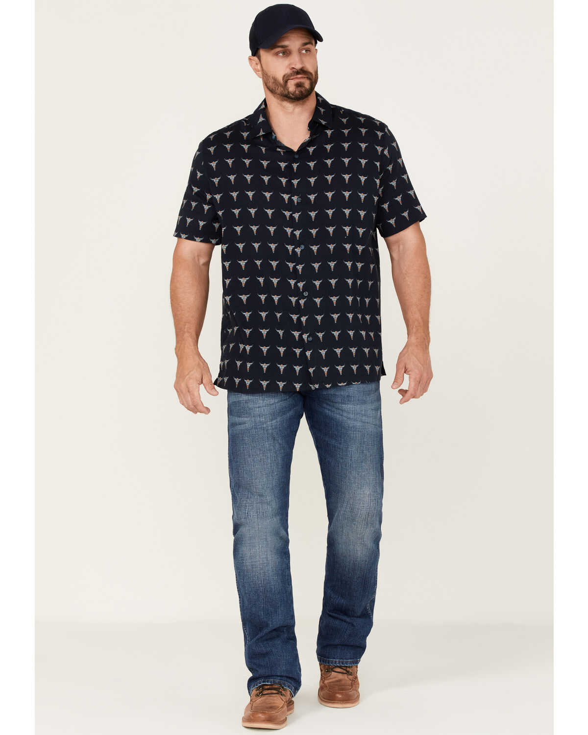 Image #2 - Gibson Men's Bull Pinata Print Western Shirt, Navy, hi-res