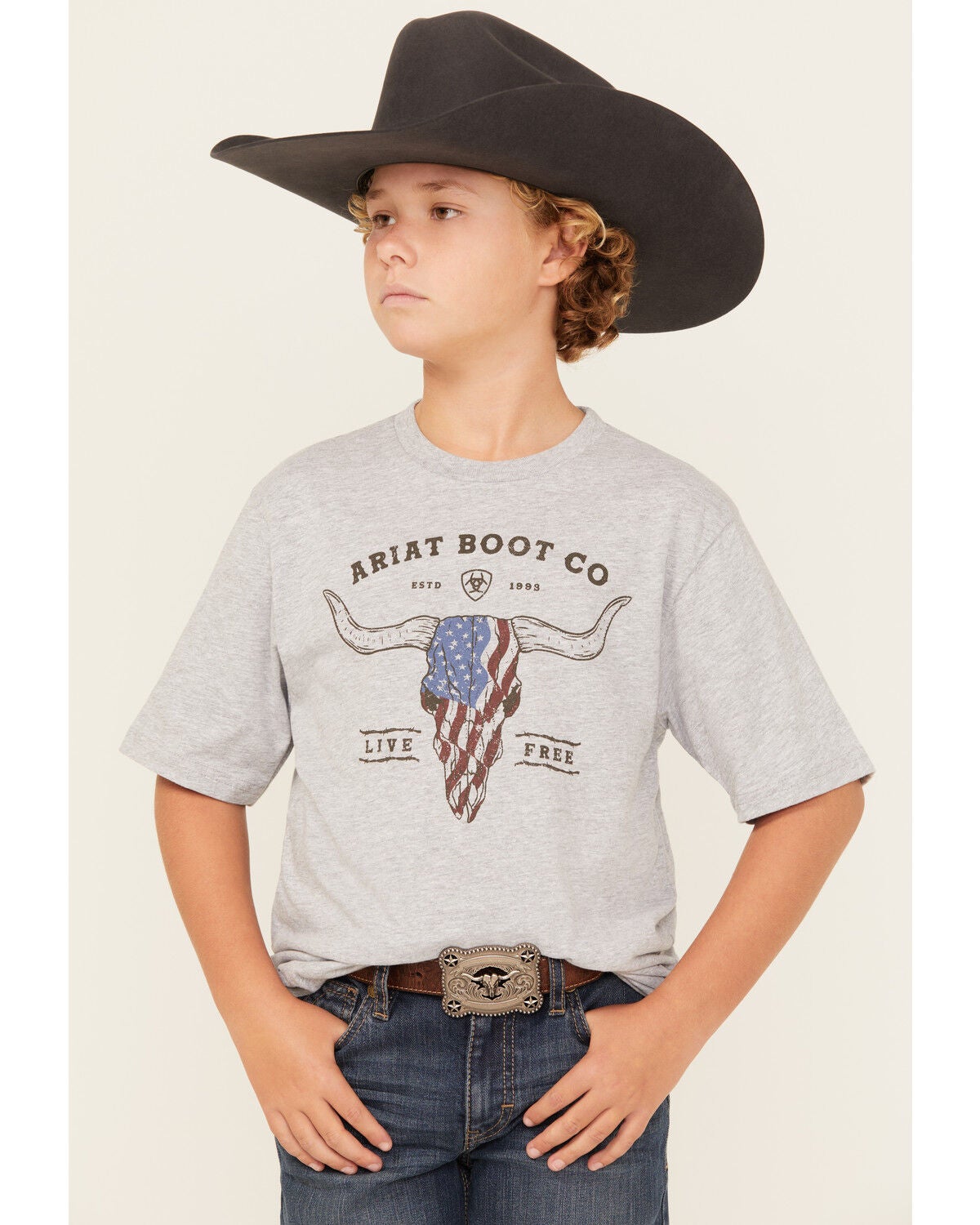 Ariat Boys' Steerhead Americana Short Sleeve Graphic T-Shirt, Grey, hi-res