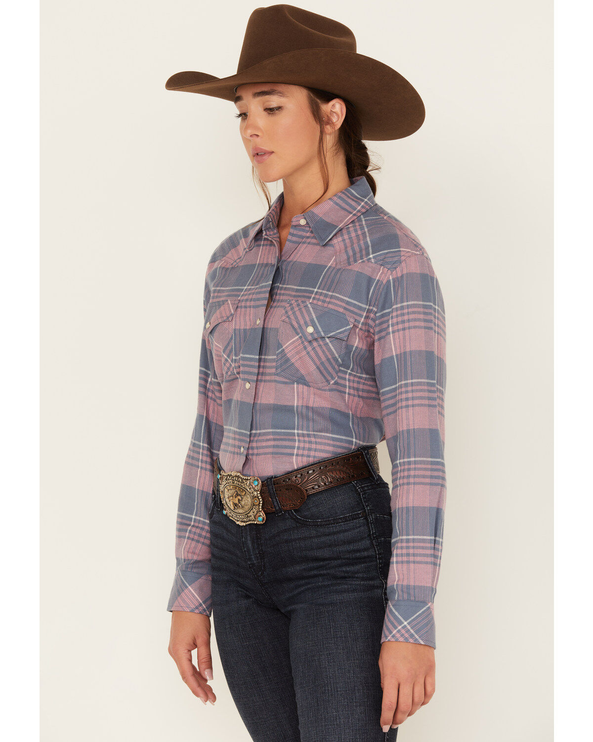 Image #2 - Wrangler Women's Boot Barn Exclusive Plaid Print Long Sleeve Western Flannel Pearl Snap Shirt, Blue, hi-res