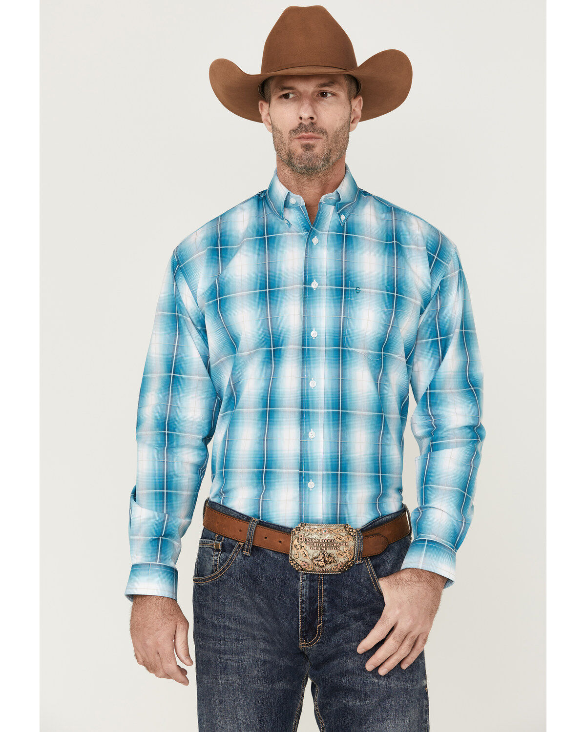 Image #1 - Stetson Men's Large Ombre Plaid Print Long Sleeve Button Down Western Shirt, Blue, hi-res