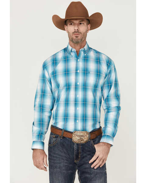 Stetson Men's Large Ombre Plaid Print Long Sleeve Button Down Western Shirt , Blue, hi-res