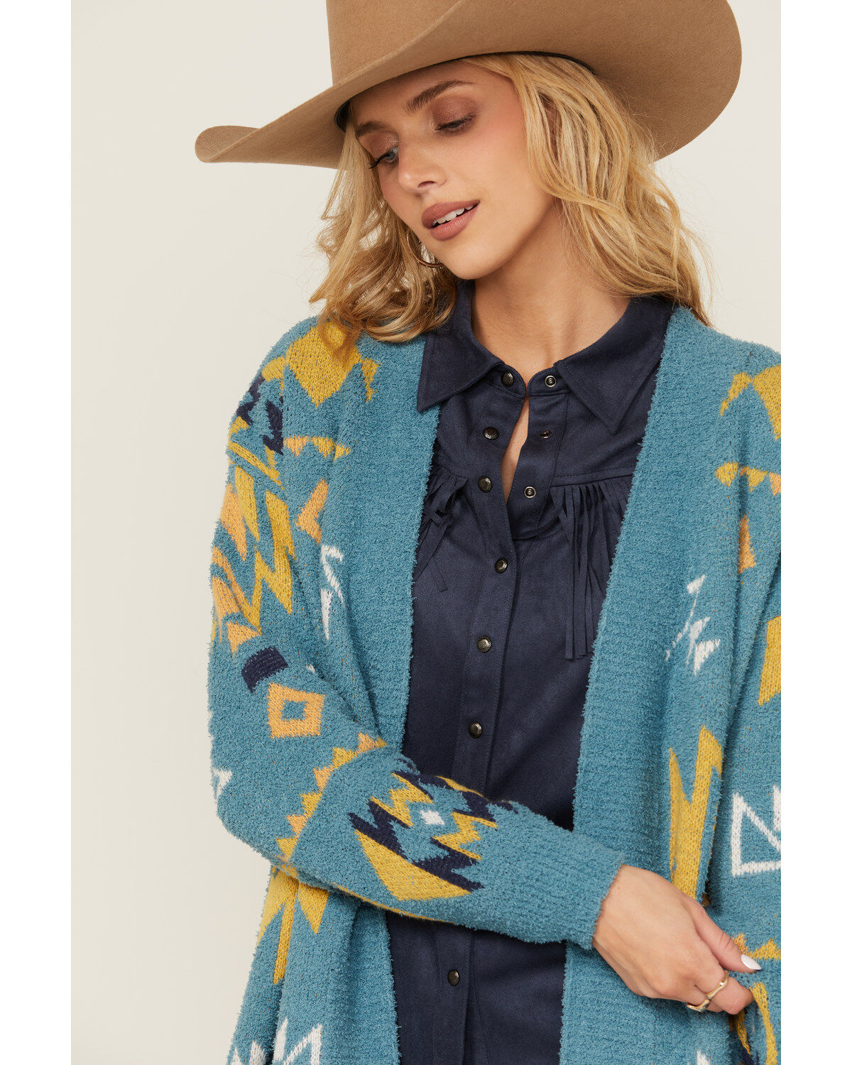 Image #2 - Angie Women's Southwestern Print Open Front Sweater, Teal, hi-res