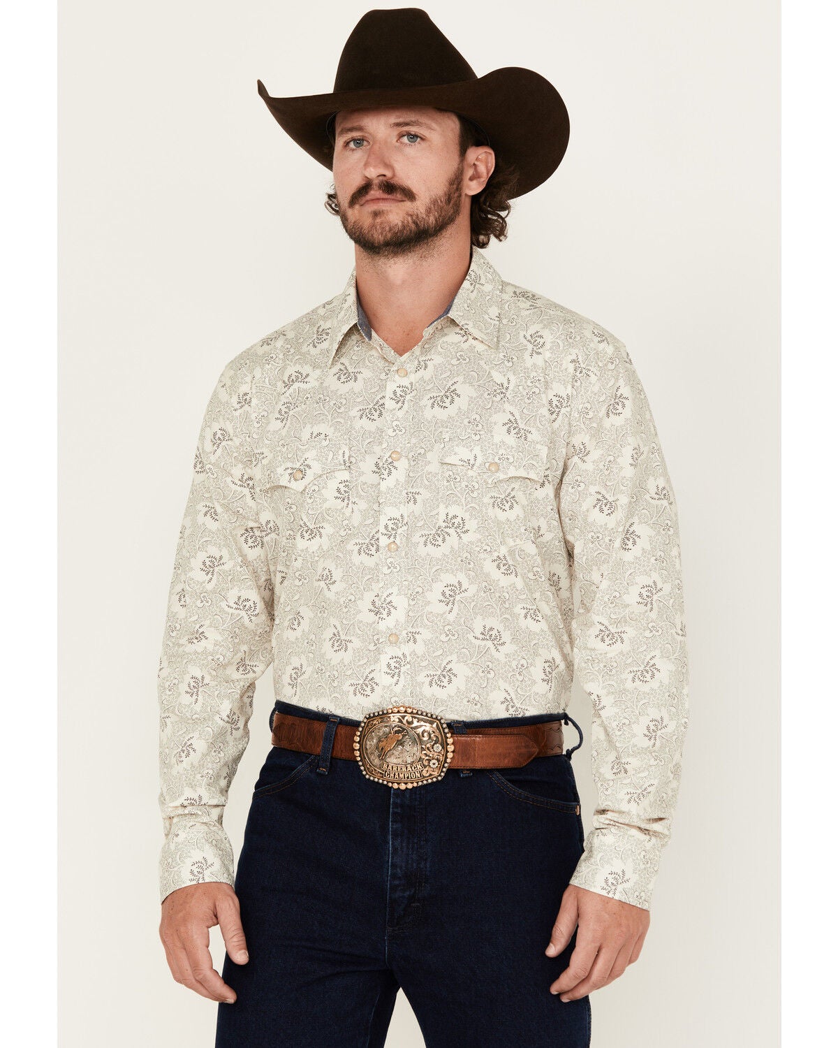 Cody James Men's Treven Floral Print Long Sleeve Snap Western Shirt, Cream, hi-res