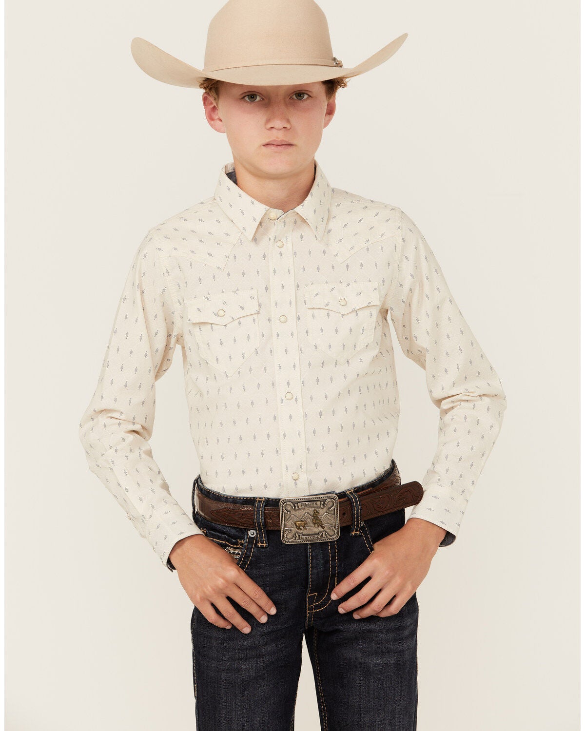 Cody James Boys' Mirage Geo Print Long Sleeve Snap Western Shirt, Cream, hi-res