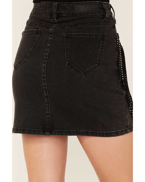 Rock & Roll Denim Women's Rhinestone Studded Fringe Denim Mini Skirt, Black, hi-res