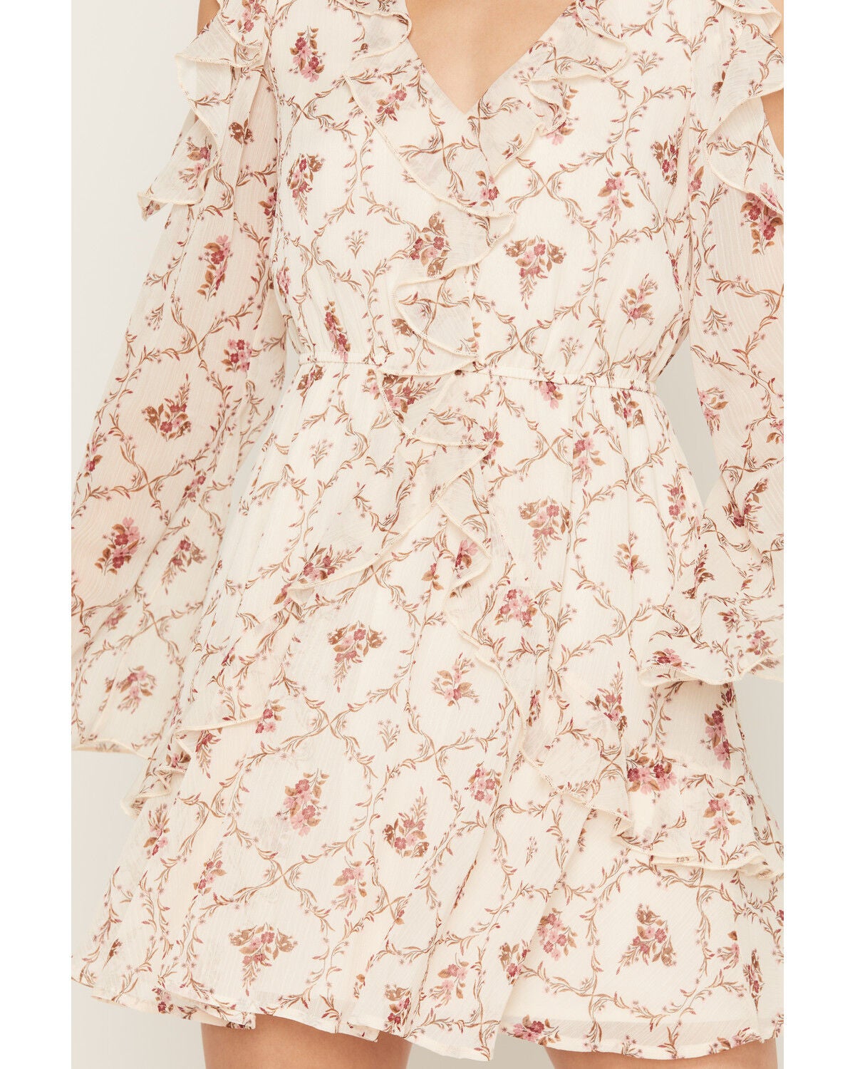 Image #3 - Ash & Violet Women's Floral Print Cold Shoulder Long Sleeve Mini Dress, Cream, hi-res