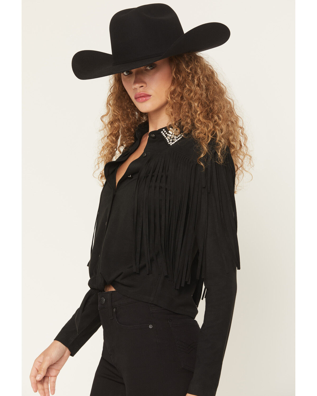 Image #2 - Idyllwind Women's Twinpines Faux Suede Fringe Embellished Long Sleeve Button-Down Western Shirt, Black, hi-res