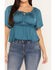 Image #3 - Shyanne Women's Hailey Satin Flounce Short Sleeve Peasant Blouse, Teal, hi-res