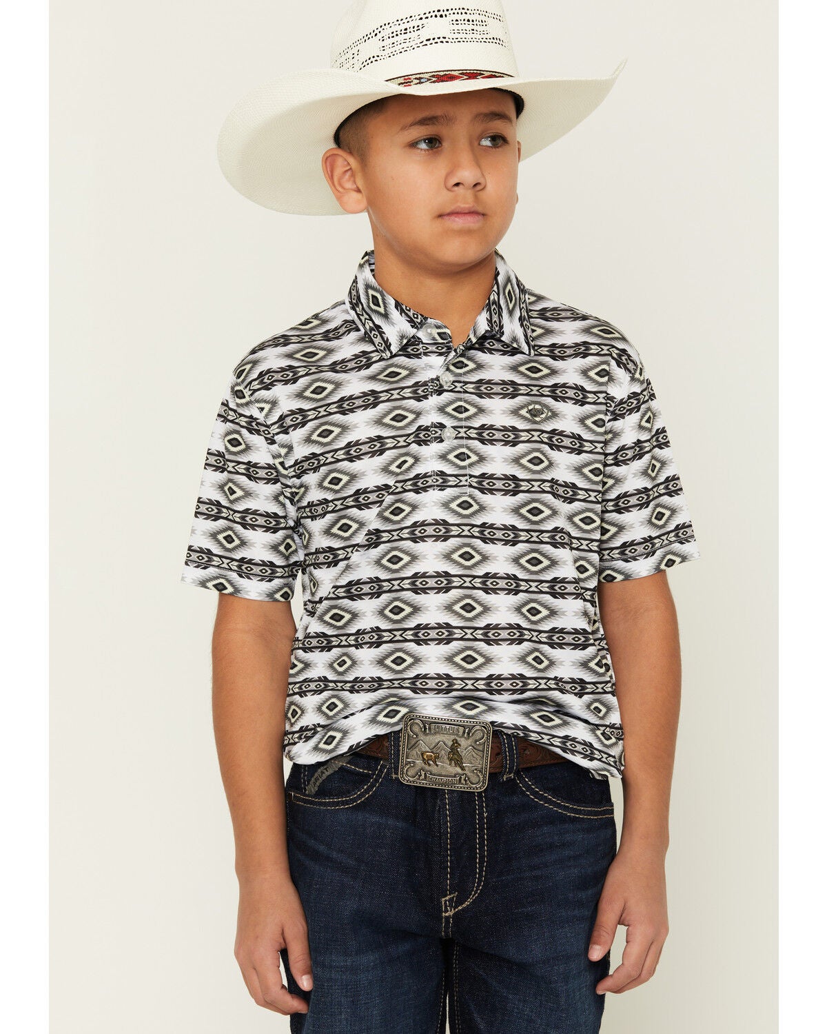 Image #1 - Ariat Boys' AriatTEK Southwestern Geo Print Short Sleeve Button-Down Polo, White, hi-res