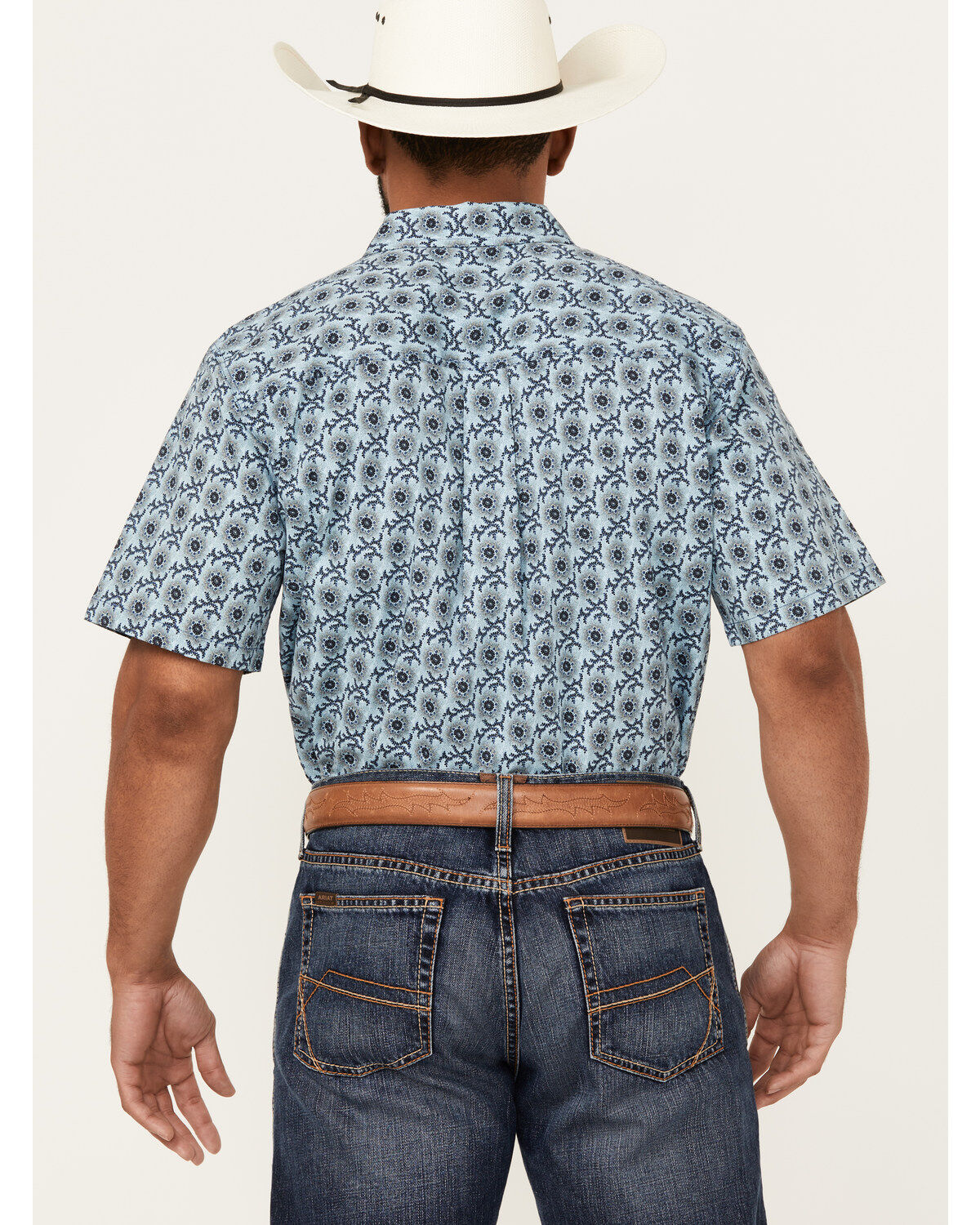 Image #4 - Cody James Men's Sunny Day Floral Medallion Print Short Sleeve Button-Down Stretch Western Shirt, Light Blue, hi-res